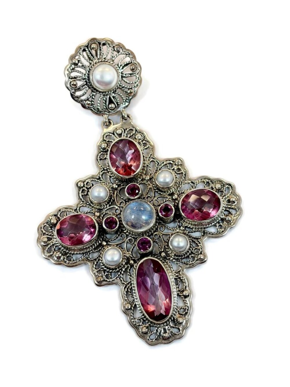 Nicky Butler, Cross, Sterling Silver, Pink Quartz, Moonstone, Garnet, Pearl